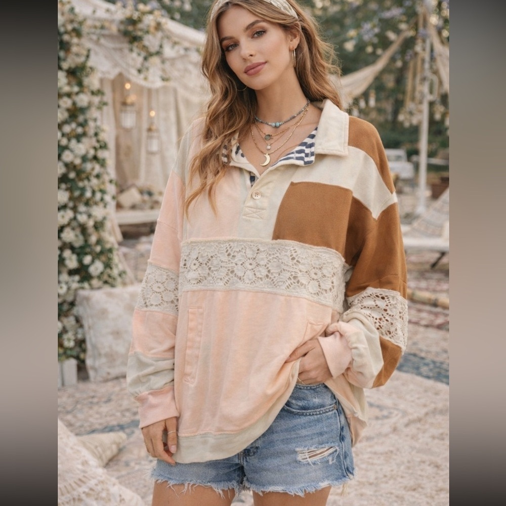 Free People American dream Pink and Brown Patchwork Sweatshirt 2392